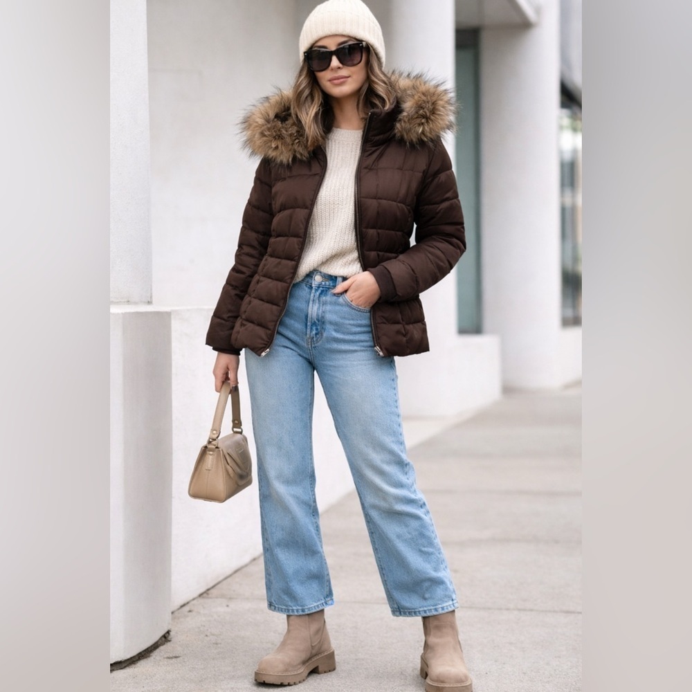 Calvin Klein Womens Down Coat Large Brown Fur Trim Hood Zip Pockets Full Zip